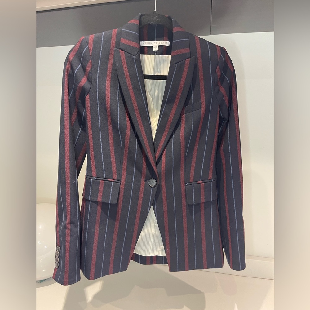$698 Veronica Beard Carter Dickey jacket blazer navy merlot white stripe size 0 - Picture 3 of 16